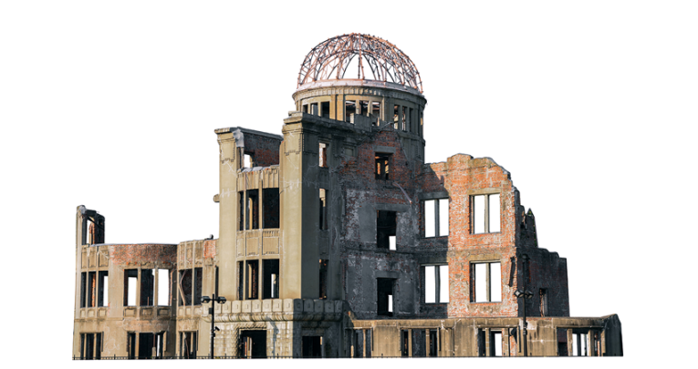 Isolated photo of The Hiroshima Peace Memorial (Genbaku Dome), representing the idea of nuclear education