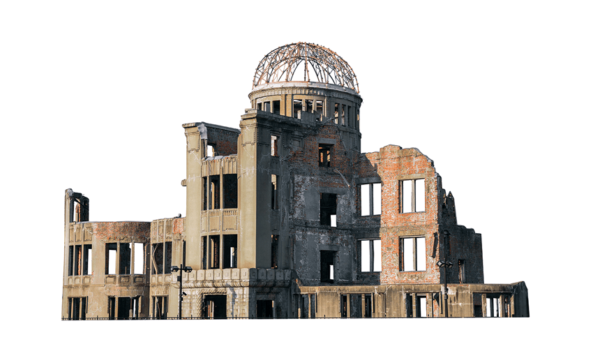 Isolated photo of The Hiroshima Peace Memorial (Genbaku Dome), representing the idea of nuclear education