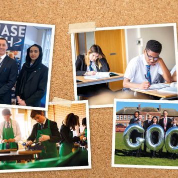 Collage of photographs depicting the environment, pupils and staff of Chase High School, Southend, Essex