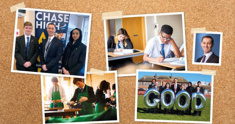 Collage of photographs depicting the environment, pupils and staff of Chase High School, Southend, Essex