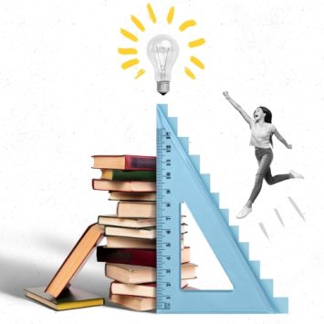 Abstract illustration depicting a teenage student climbing a staircase shaped like a set square, representing maths teaching