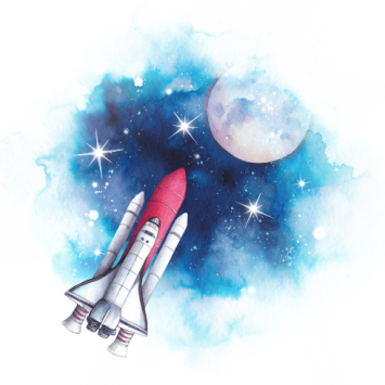 Illustration of a rocket in space, representing science books