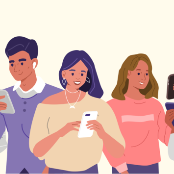Illustration showing group of teenagers all excitedly using their smartphones