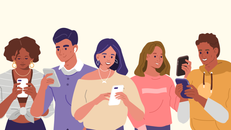 Illustration showing group of teenagers all excitedly using their smartphones