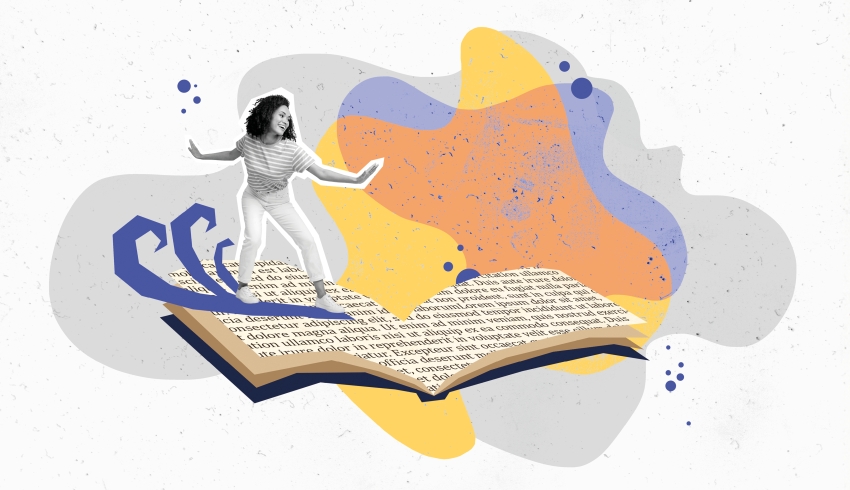 Photo collage showing teen 'surfing' a book against bright colours to convey idea of summer study