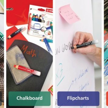 Examples of STABILO's MARKdry pencil being used on a whiteboard, chalkboard, a flipchart and glass