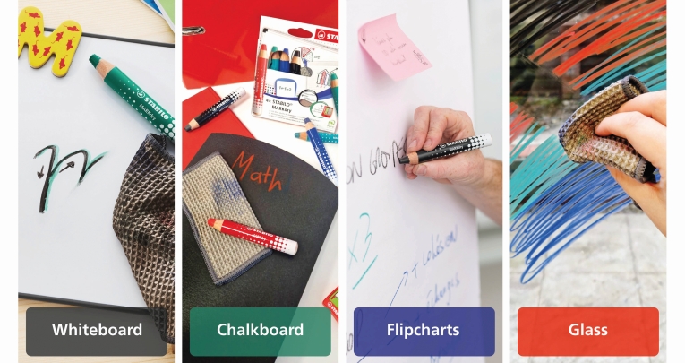 Examples of STABILO's MARKdry pencil being used on a whiteboard, chalkboard, a flipchart and glass