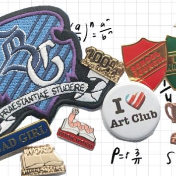 A selection of education-related badges on a graph paper background