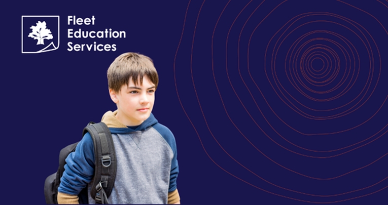 A school boy on a blue background with the Fleet Education Services logo