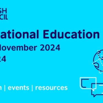 Three graphical icons depicting international education on a blue background