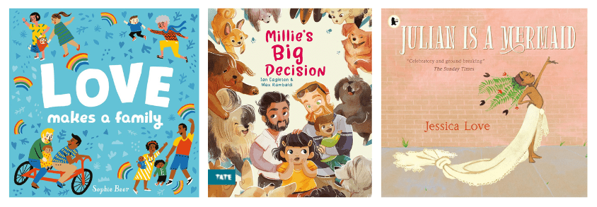 Covers of LGBT books including Julian is a Mermaid