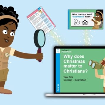 A cartoon child looking at RE Today resources