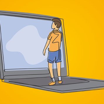 Illustration showing young boy standing in front of giant laptop to convey impact of screen time on youth mental health