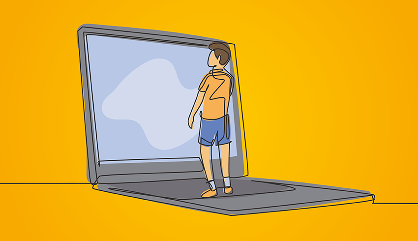 Illustration showing young boy standing in front of giant laptop to convey impact of screen time on youth mental health