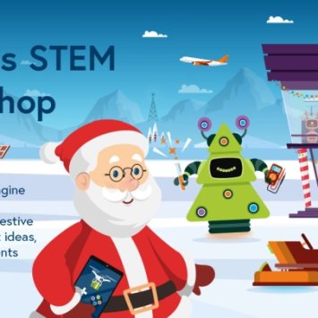 A cartoon illustration of Santa standing next to a robot and electric-powered sleigh
