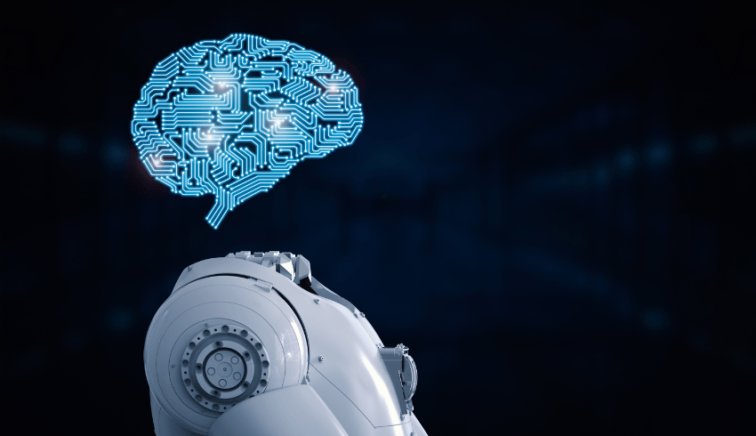 Brain-shaped circuit above robot body, representing AI policy