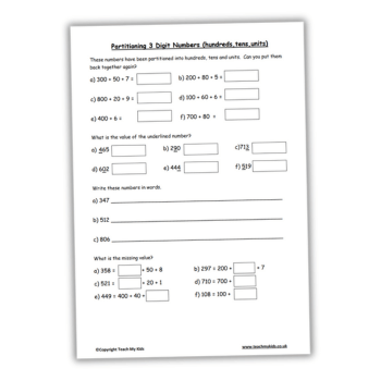 Partitioning worksheet for KS2