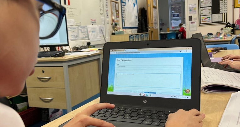 A primary school boy using Tapestry on a laptop in a classroom