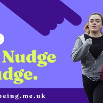 Two teenage girls running next to the words, Your Nudge to Budge