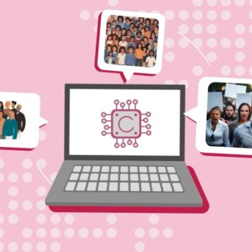 An illustration of a laptop display various images on a pink background