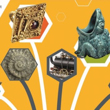 A selection of historical artefacts on a yellow background