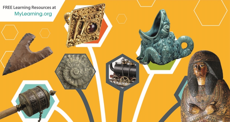 A selection of historical artefacts on a yellow background