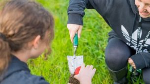 An educator and student planting