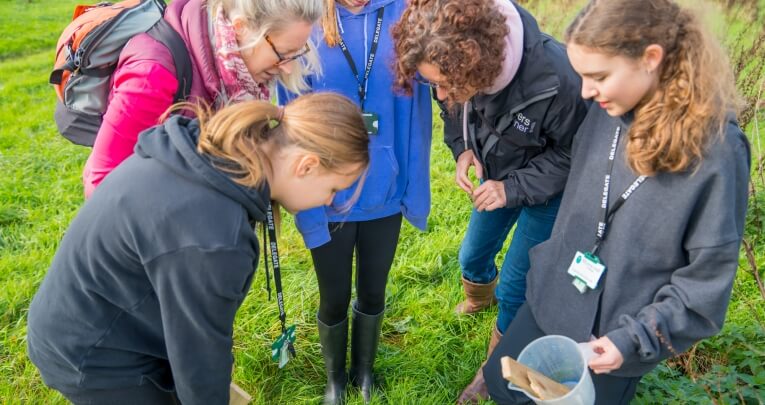 A group of students and a teacher learning in the countryside