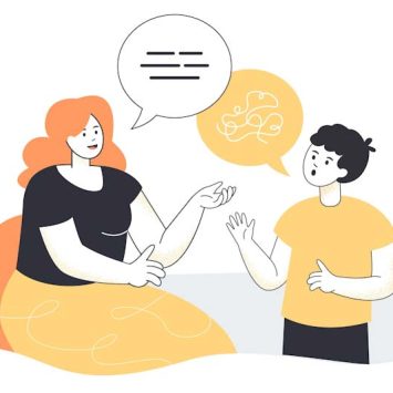 Cartoon of adult and child talking