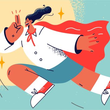 Cartoon of woman dresses as superhero flying through the sky