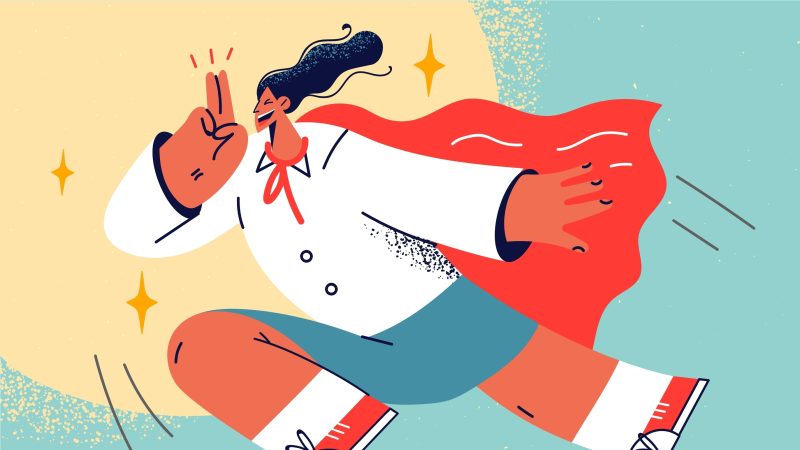 Cartoon of woman dresses as superhero flying through the sky