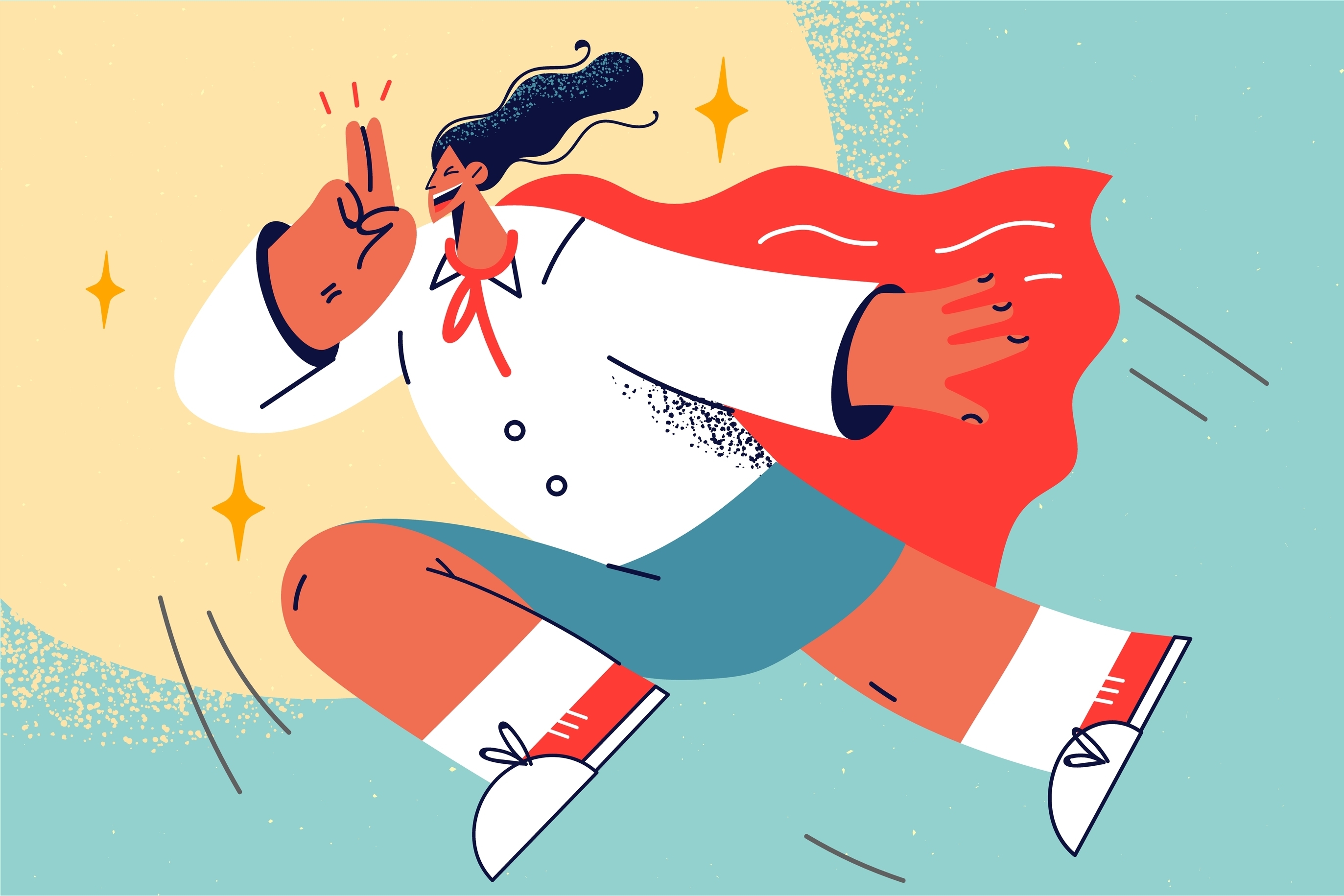 Cartoon of woman dresses as superhero flying through the sky