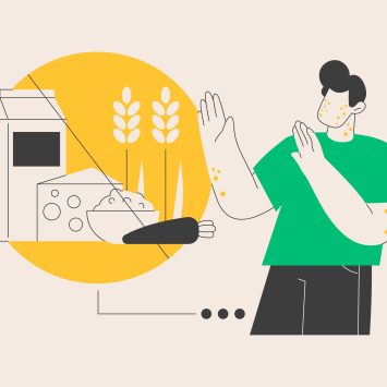 Cartoon of man looking at different foodstuffs
