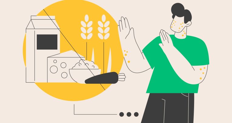 Cartoon of man looking at different foodstuffs