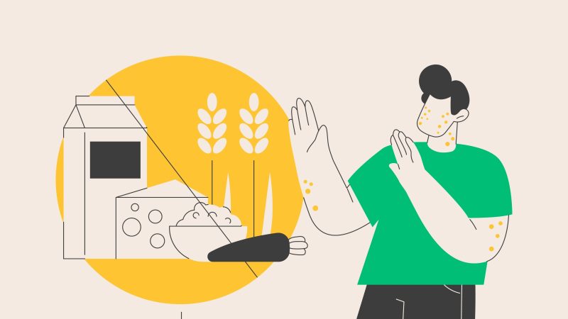 Cartoon of man looking at different foodstuffs