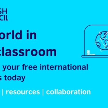 A graphic of a teacher standing by a screen displaying a globe, alongside text promoting the British Council's free international resources