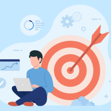 Illustration of man on laptop in front of archery target, representing career planning