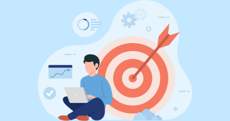 Illustration of man on laptop in front of archery target, representing career planning