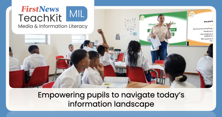 A photo of a classroom illustrating the First News Teachkit:MIL