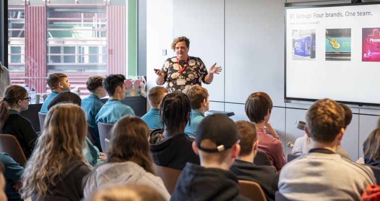 A teacher leading a BT Work Ready event in a classroom
