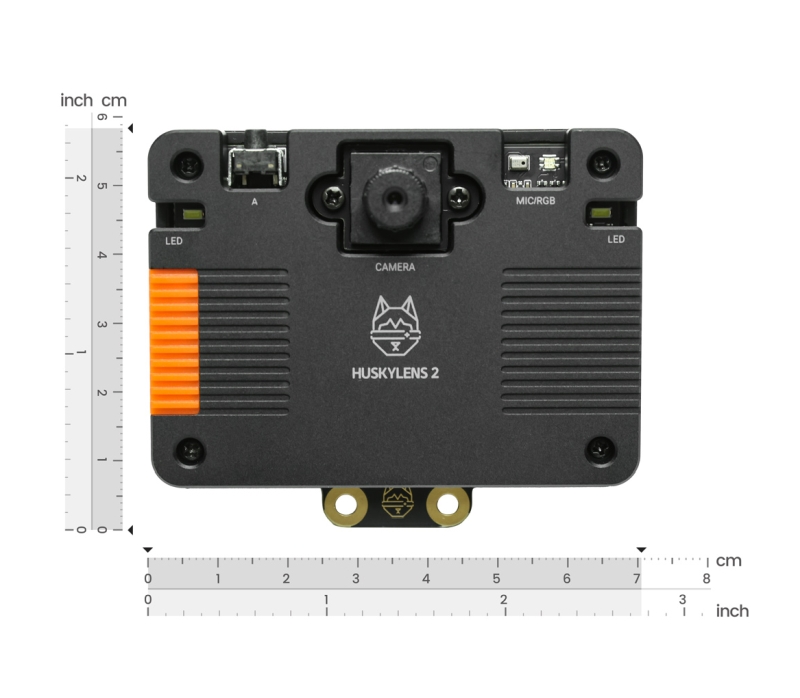 A product shot of the HUSKYLENS 2 AI camera showing its dimensions