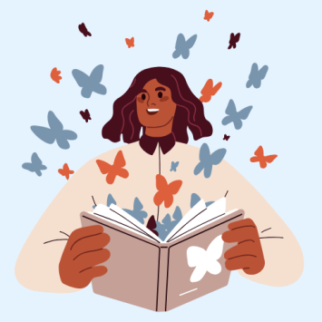 Illustration of a female reading volunteer opening a book and butterflies flying out
