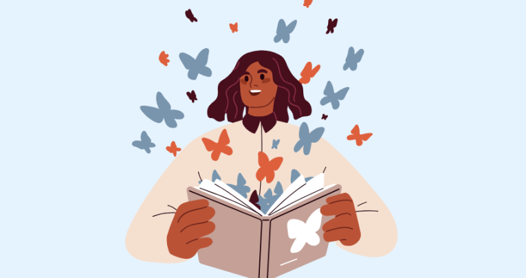Illustration of a female reading volunteer opening a book and butterflies flying out