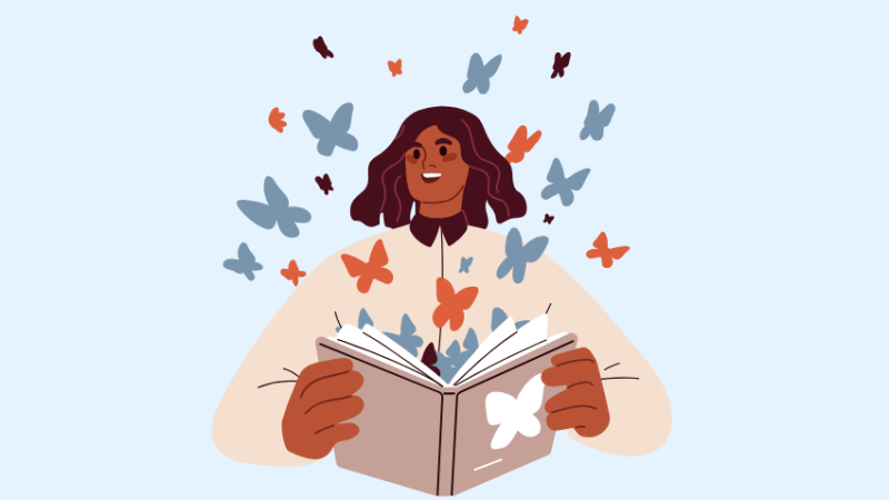 Illustration of a female reading volunteer opening a book and butterflies flying out