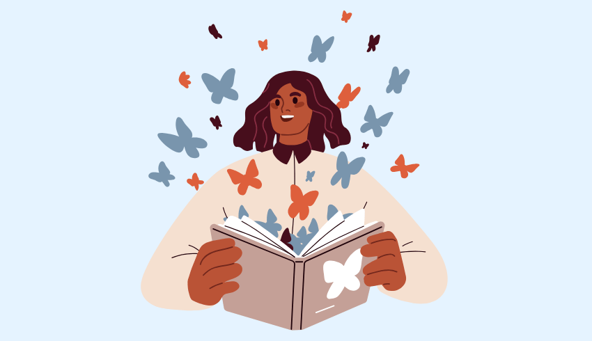 Illustration of a female reading volunteer opening a book and butterflies flying out