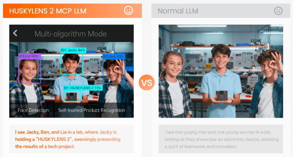 Two photographs of children illustrating the functionality of the HuskyLens 2 AI camera