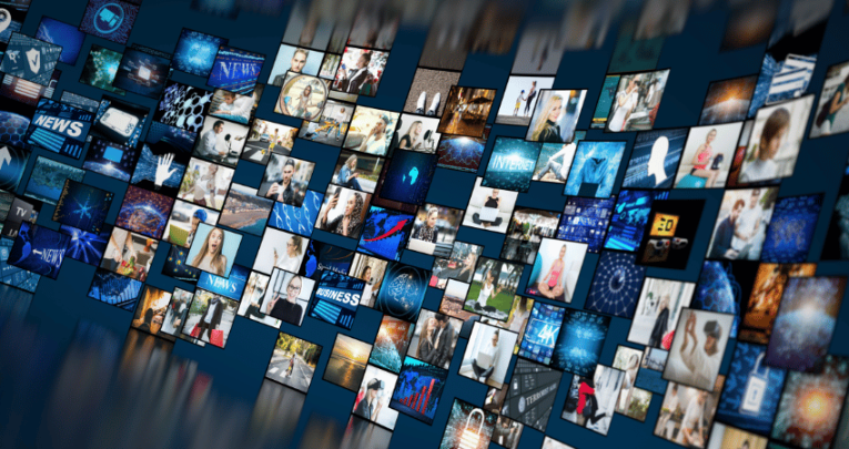 Virtual wall of screens, representing media literacy