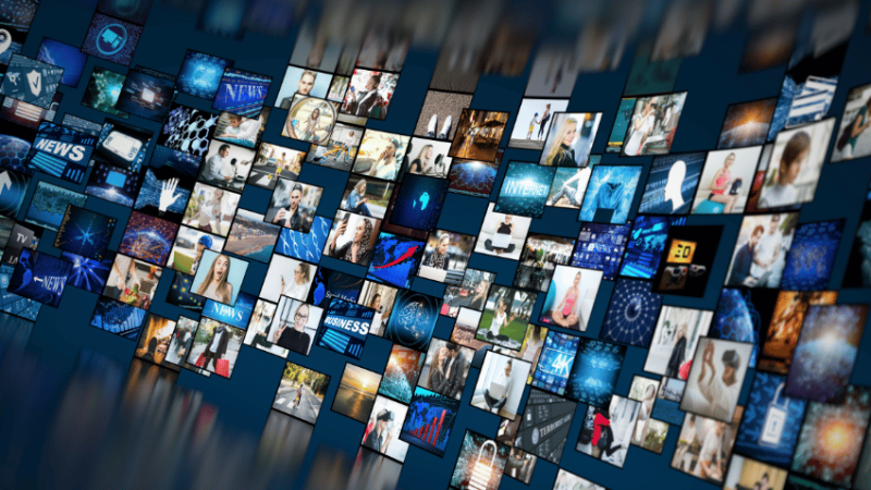 Virtual wall of screens, representing media literacy