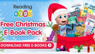 A Christmas-themed image showing a sack of books