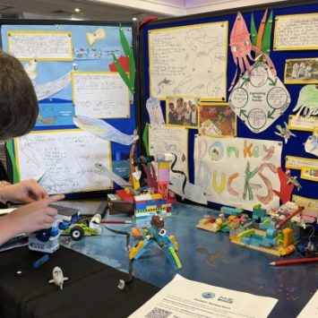 A young boy building LEGO in front of a poster display
